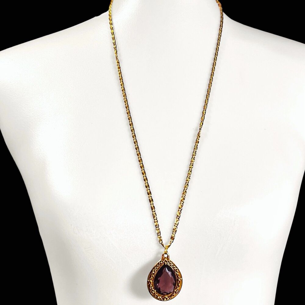VTG Large Purple Glass Teardrop Pendant Necklace Gold Tone Scrollwork 30"